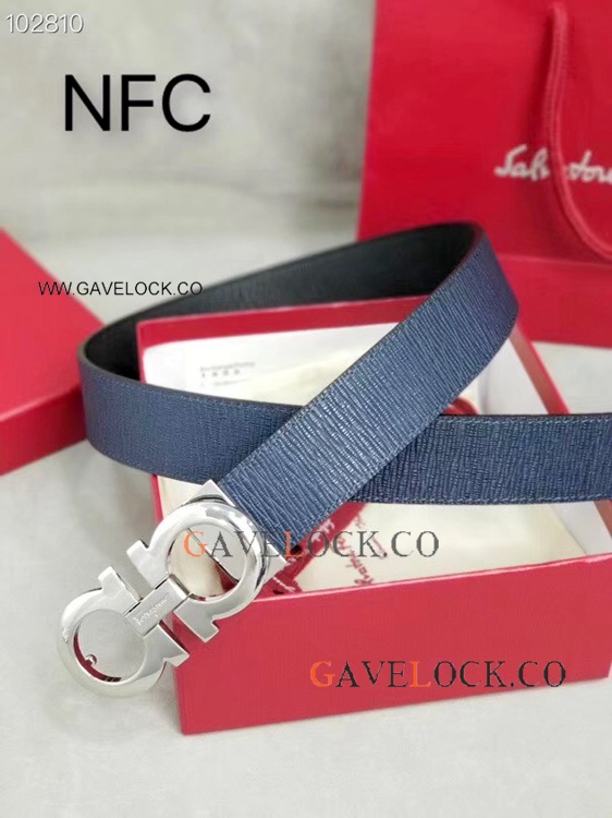 Ferragamo Blue Calf Leather Belt with Silver Buckle